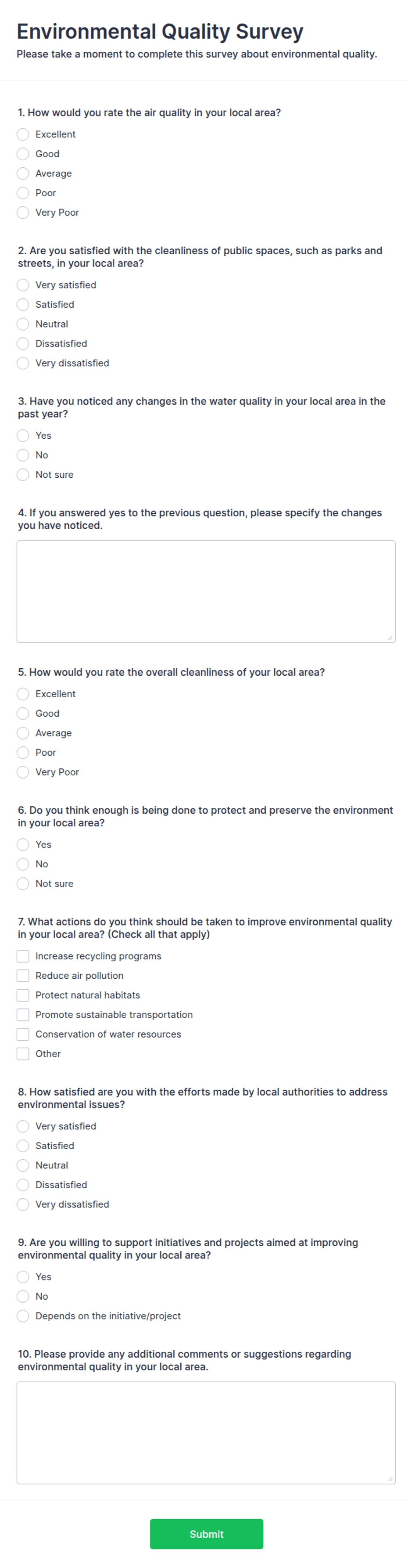 Environmental Quality Survey Form Template | Jotform