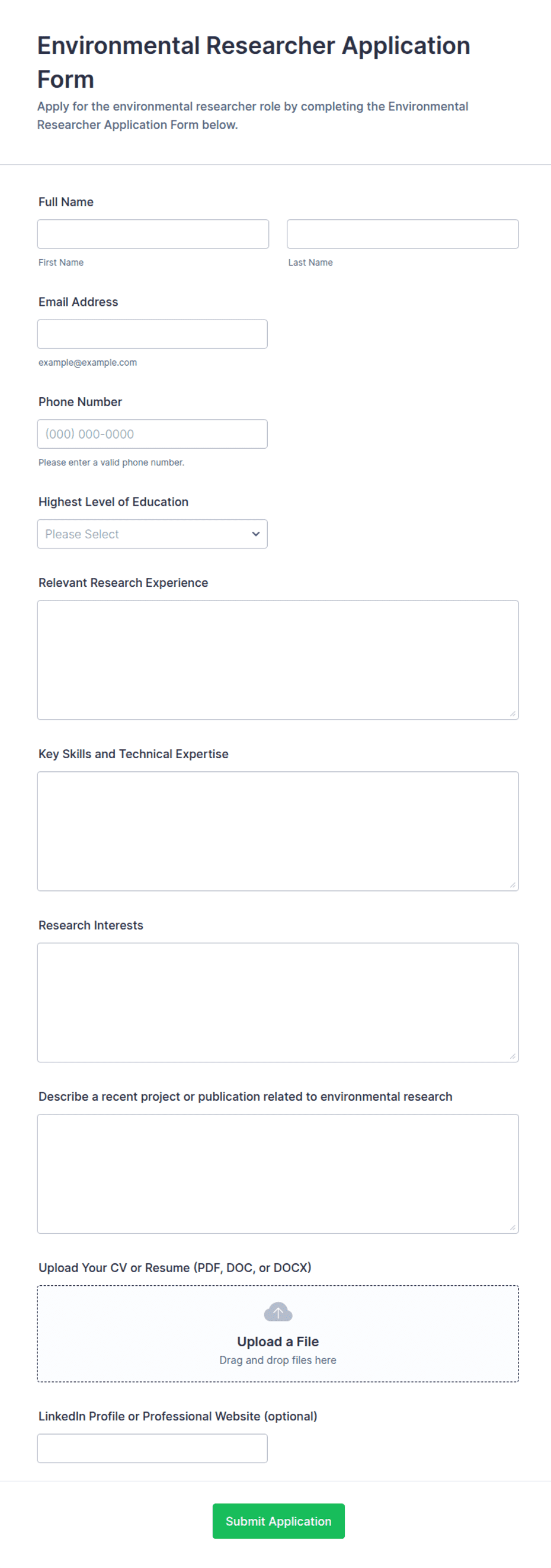 Environmental Researcher Application Form Template | Jotform