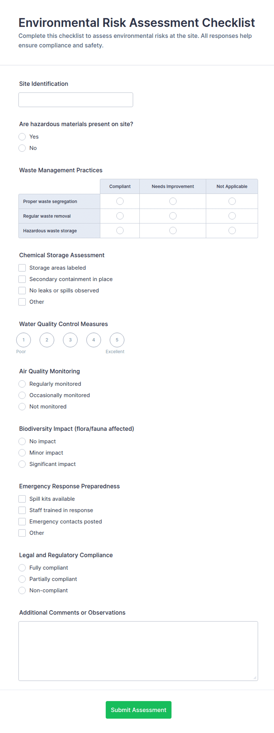 Environmental Risk Assessment Checklist Form Template | Jotform