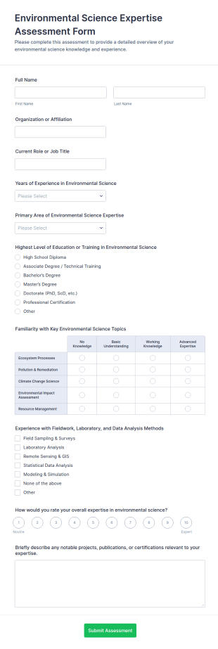 Environmental Science Expertise Assessment Form Template
