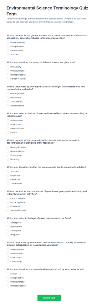 Environmental Science Terminology Quiz Form Template