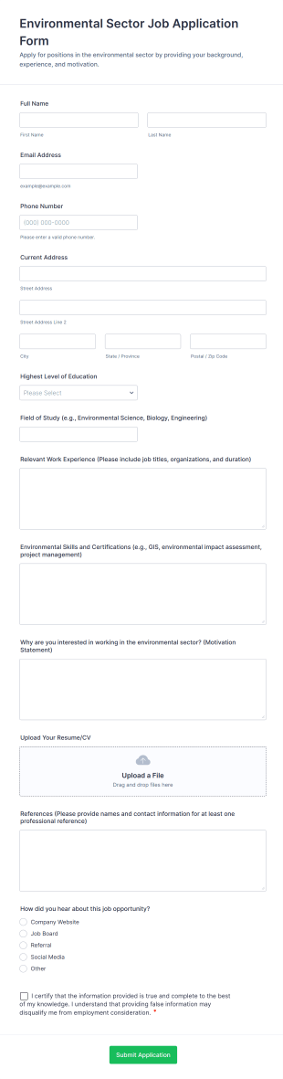 Environmental Sector Job Application Form Form Template