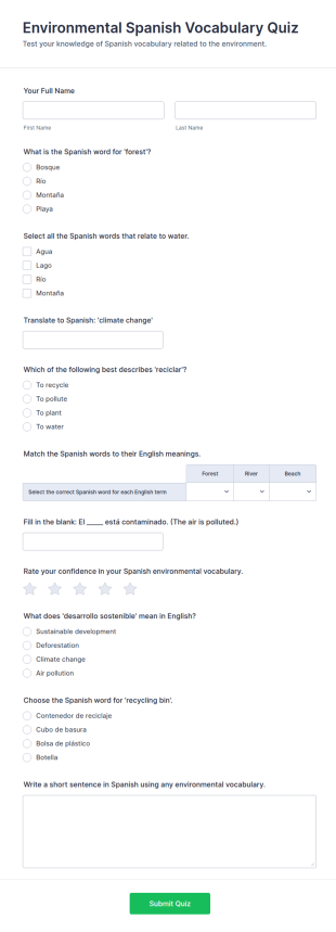 Environmental Spanish Vocabulary Quiz Form Template