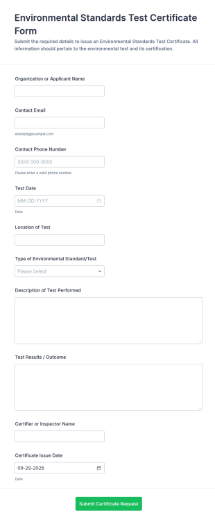 Environmental Standards Test Certificate Form Template