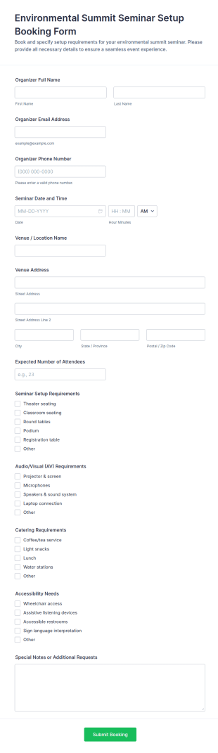 Environmental Summit Seminar Setup Booking Form Template