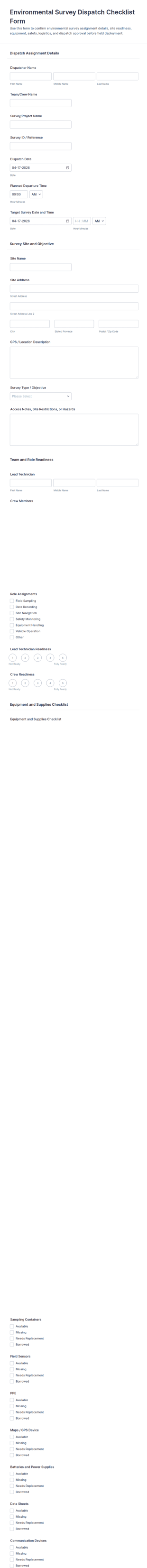 Environmental Survey Dispatch Checklist Form Template