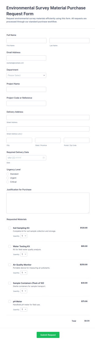 Environmental Survey Material Purchase Request Form Template