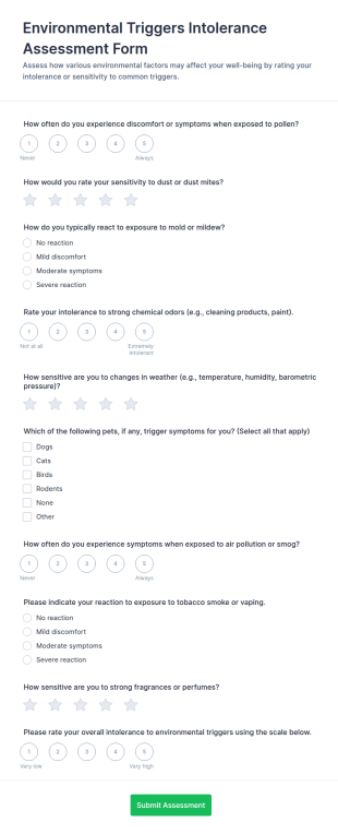 Environmental Triggers Intolerance Assessment Form Template