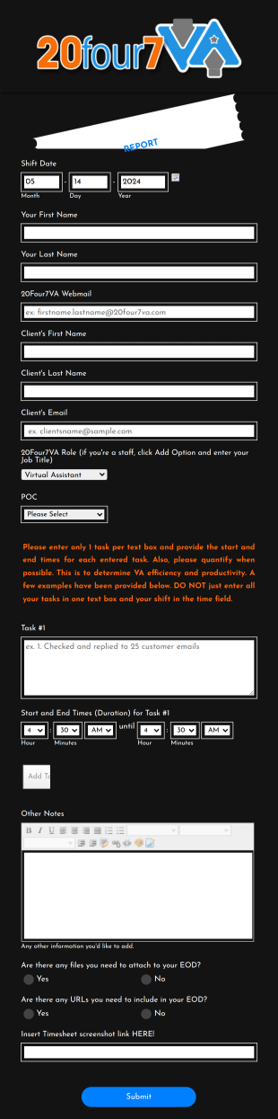 EOD Report: (VA's Name) For (Client's Name) Form Template