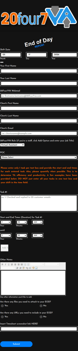 EOD Report: (VA's Name) For (Client's Name) Form Template