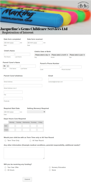 Nursery Registration Of Interest Form Template