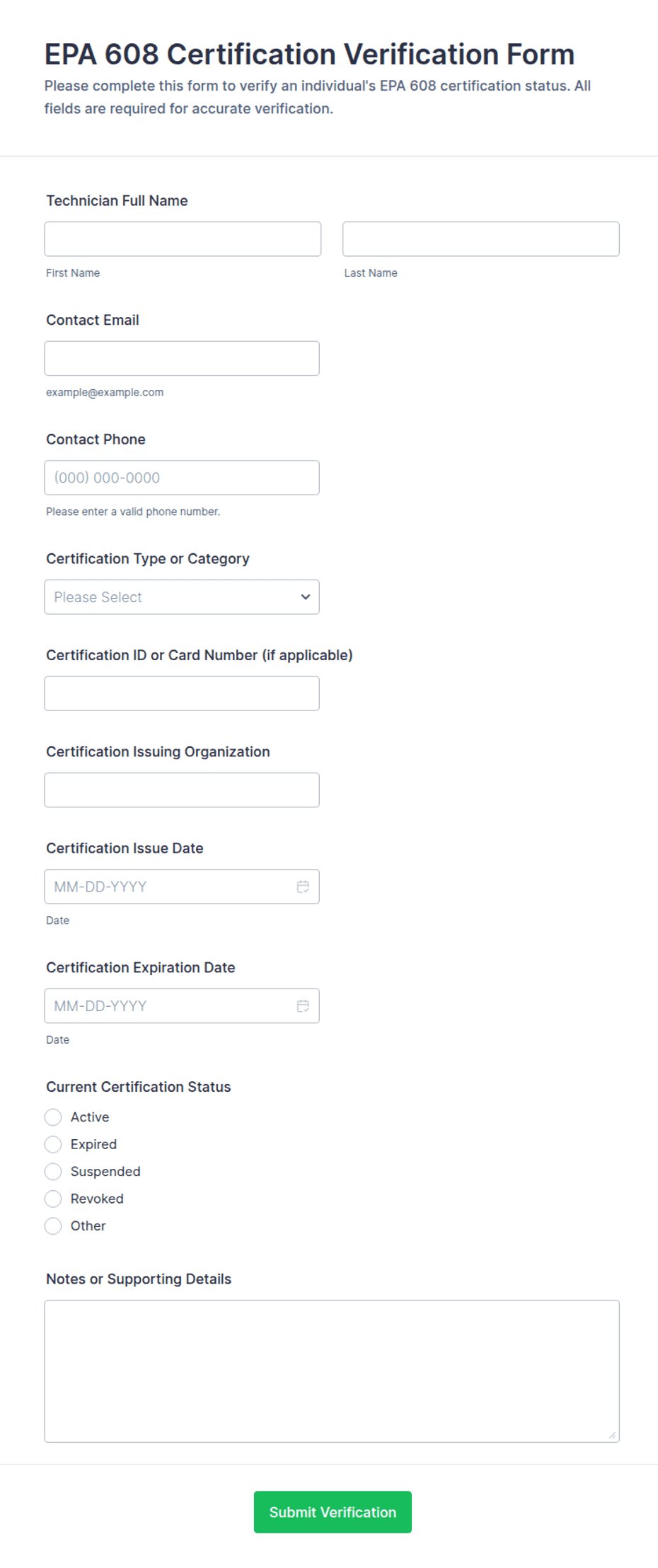 Epa Example Form EPA 608 Certification Verification Form Template | Jotform