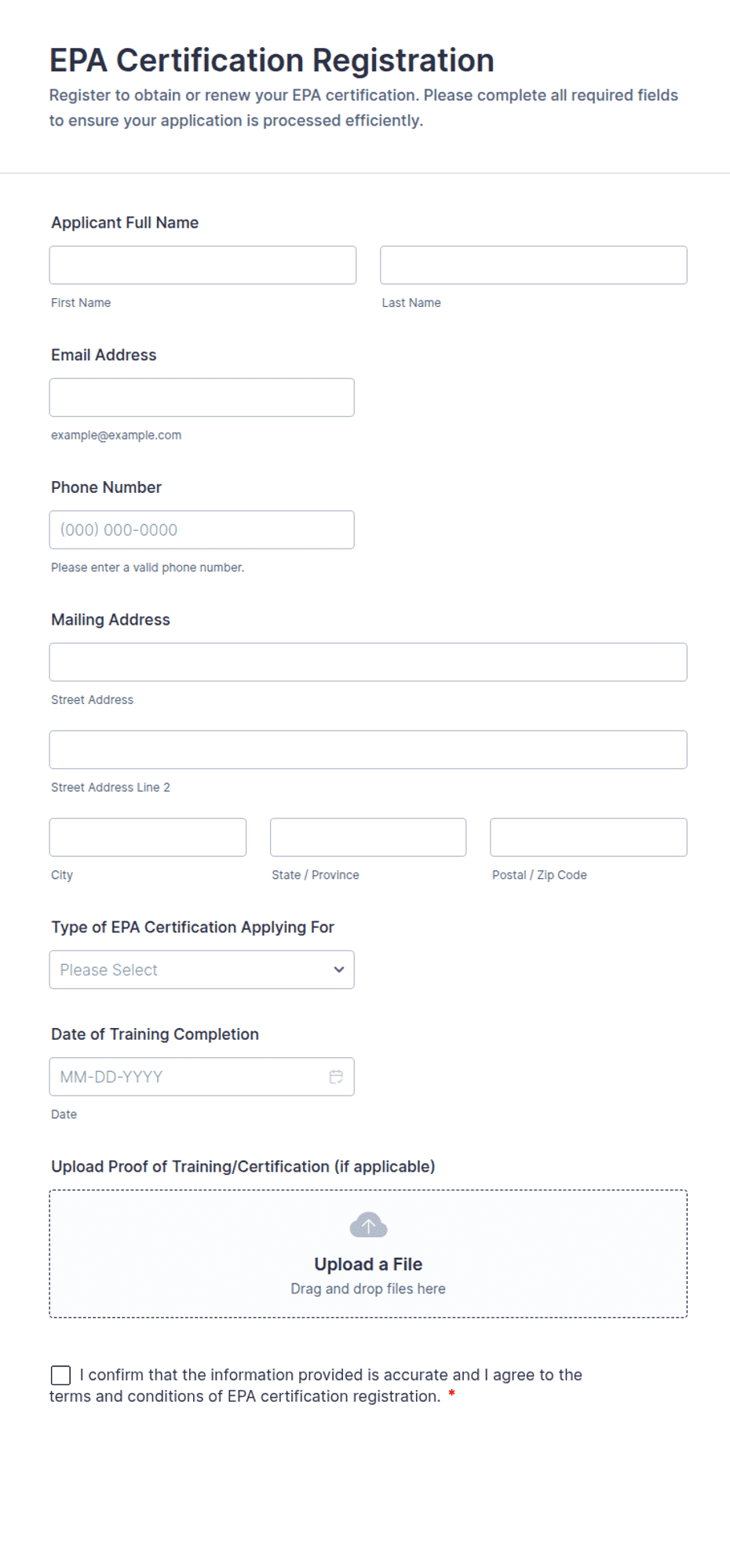 EPA Certification Registration Form Template | Jotform