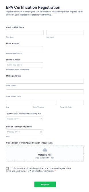 EPA Certification Registration Form Template