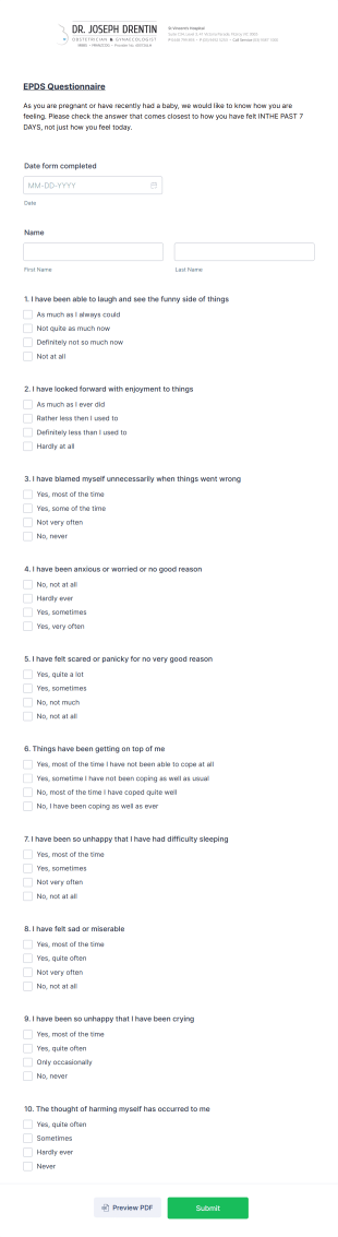 Perinatal And Postnatal Mental Health Questionnaire Form Template