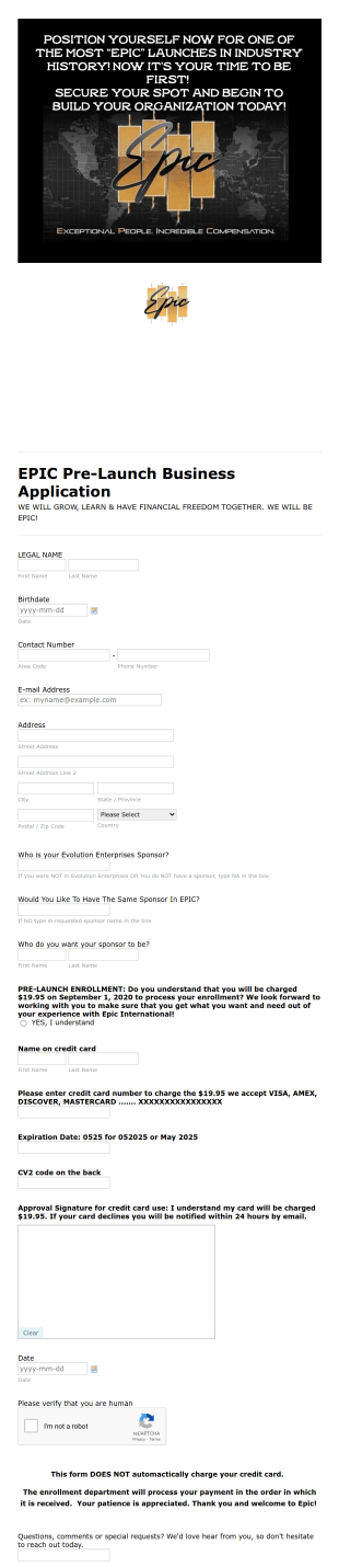 EPIC Elite Pre Launch Registration Form Template