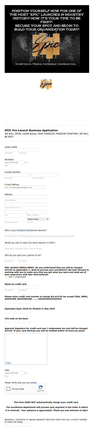 EPIC Elite Pre Launch Registration Form Template