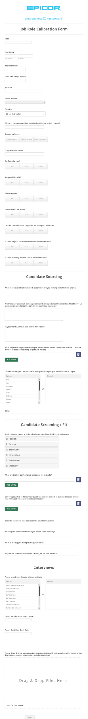 Epicor Job Role Calibration Form Template