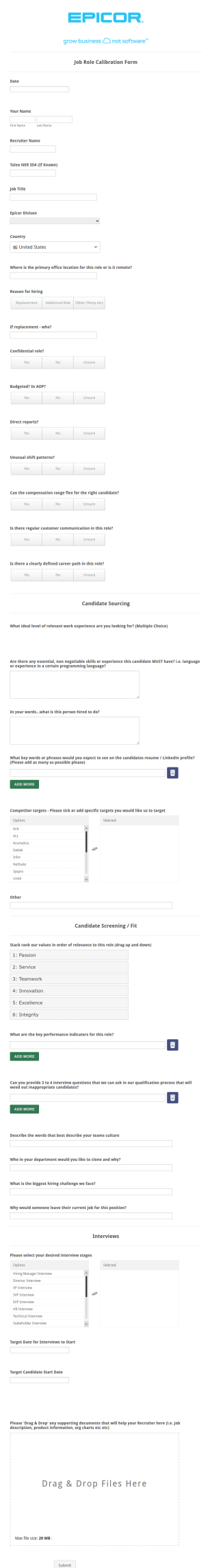 Epicor Job Role Calibration Form Template