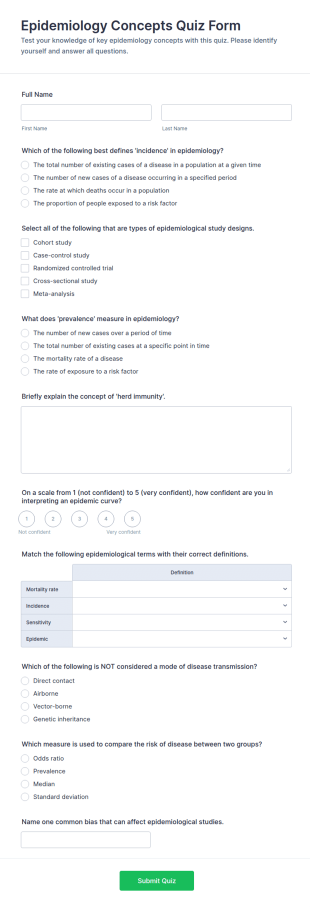 Epidemiology Concepts Quiz Form Template