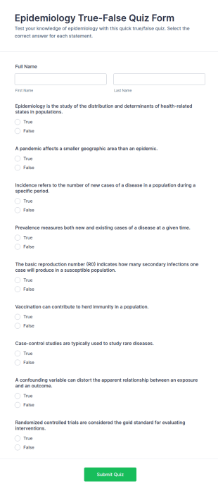 Epidemiology True False Quiz Form Template