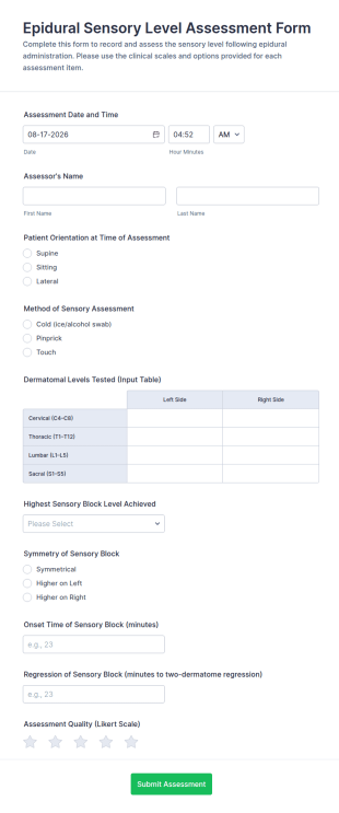 Epidural Sensory Level Assessment Form Template