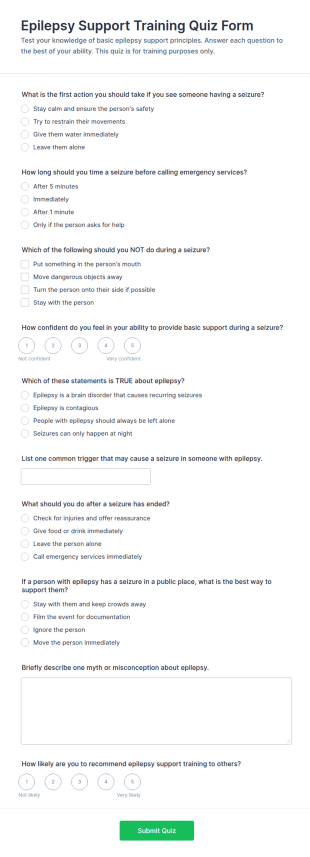 Epilepsy Support Training Quiz Form Template