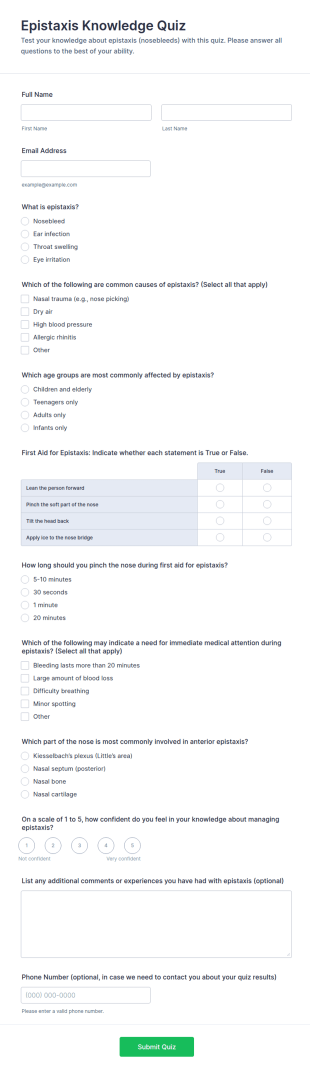 Epistaxis Knowledge Quiz Form Template