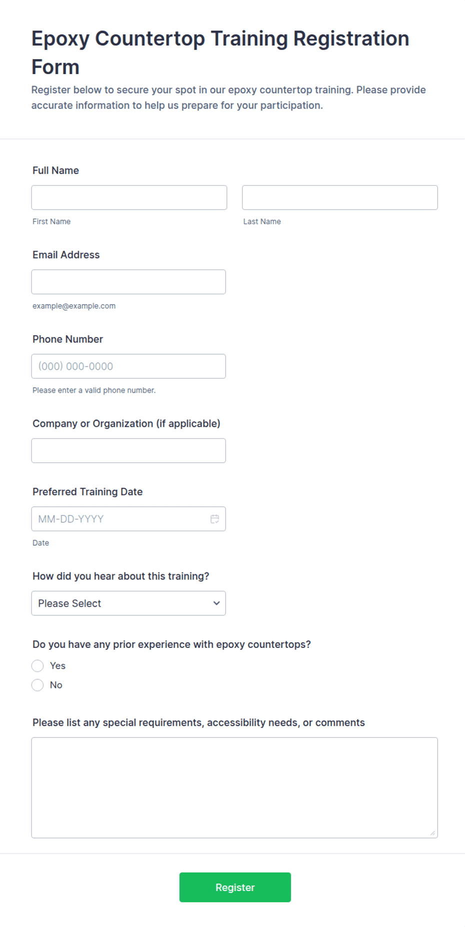 Epoxy Countertop Training Registration Form Template | Jotform