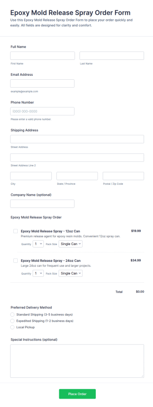 Epoxy Mold Release Spray Order Form Template