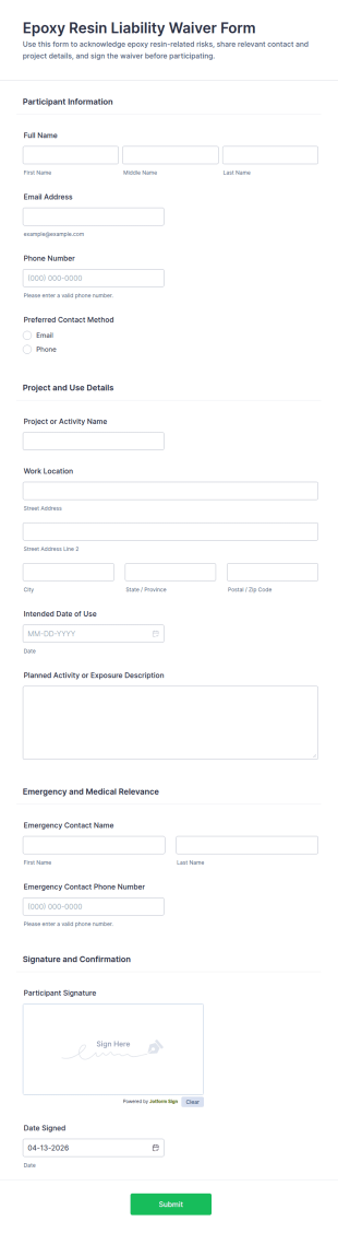 Epoxy Resin Liability Waiver Form Template