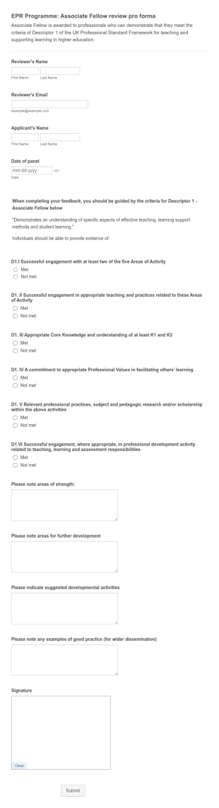 EPR Programme: Associate Fellow Review Pro Forma Form Template