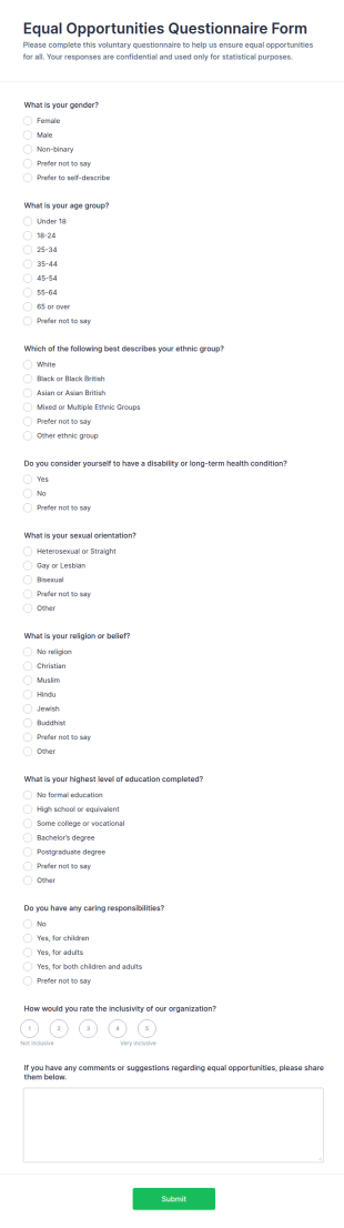 Equal Opportunities Questionnaire Form Template
