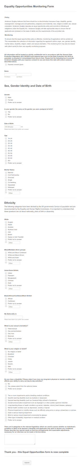 Equal Opportunity Monitoring Form Template