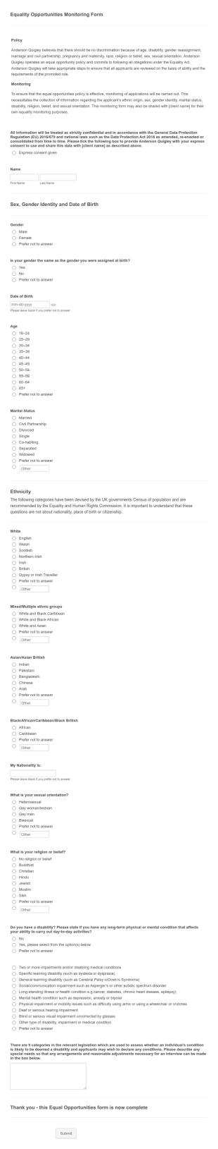 Equal Opportunity Monitoring Form Template