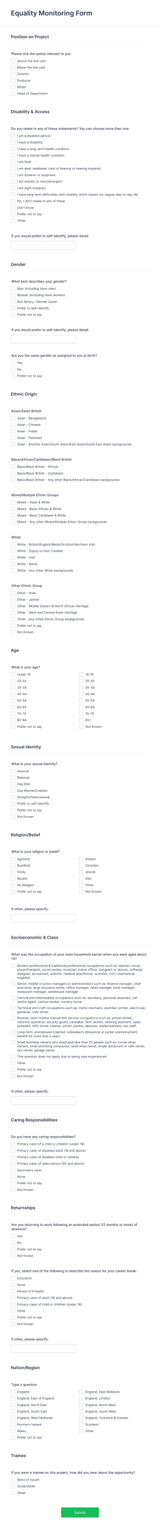 Equality Monitoring Form Template