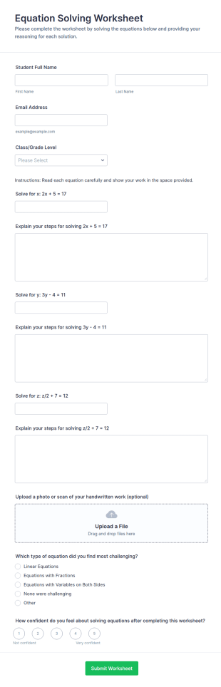 Equation Solving Worksheet Form Template