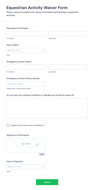 Equestrian Activity Waiver Form Template