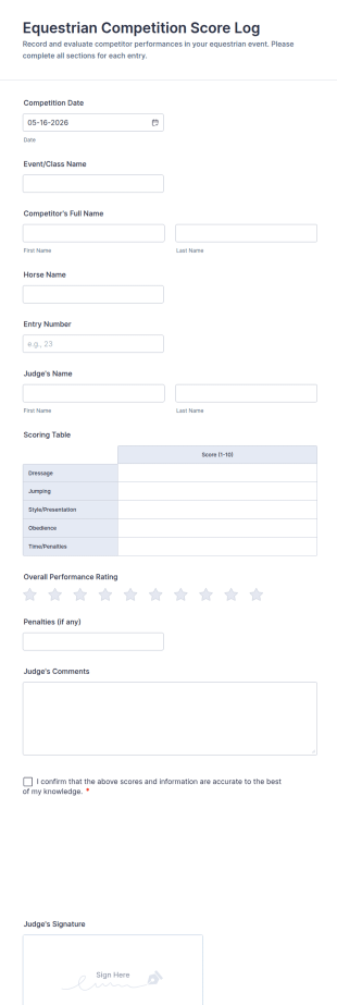 Equestrian Competition Score Log Form Template