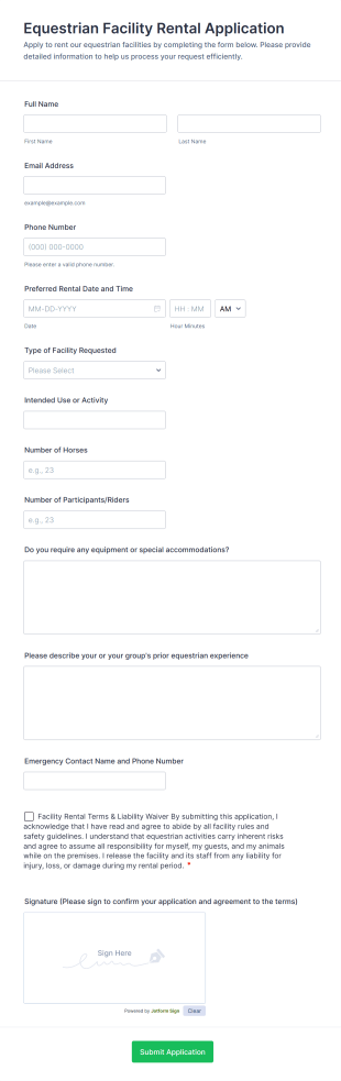 Equestrian Facility Rental Application Form Template
