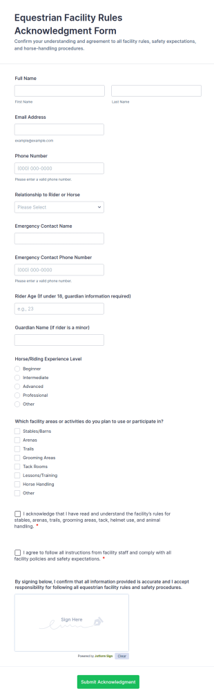 Equestrian Facility Rules Acknowledgment Form Template