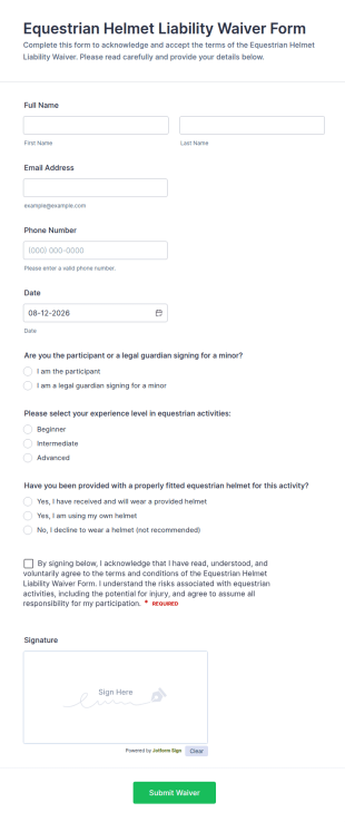 Equestrian Helmet Liability Waiver Form Template