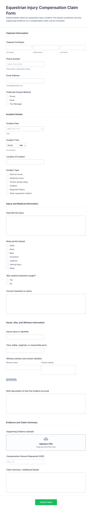 Equestrian Injury Compensation Claim Form Template