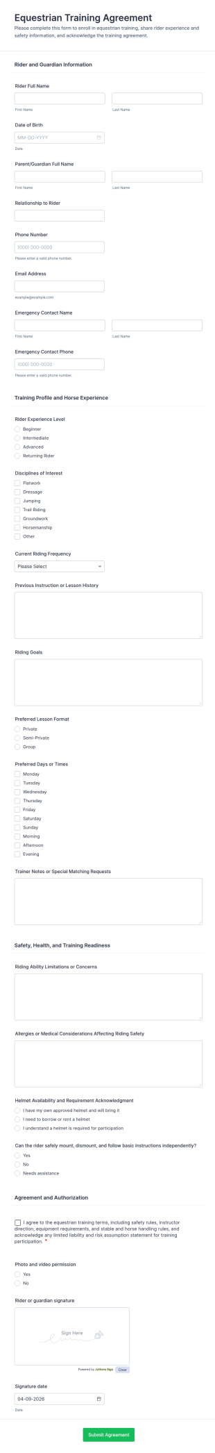 Equestrian Training Agreement Form Template