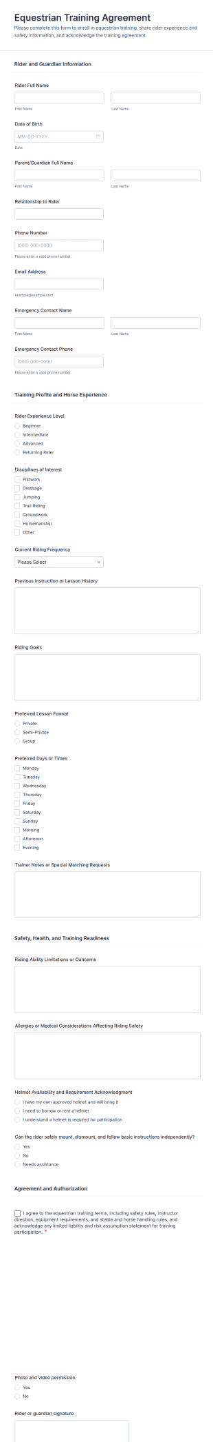 Equestrian Training Agreement Form Template
