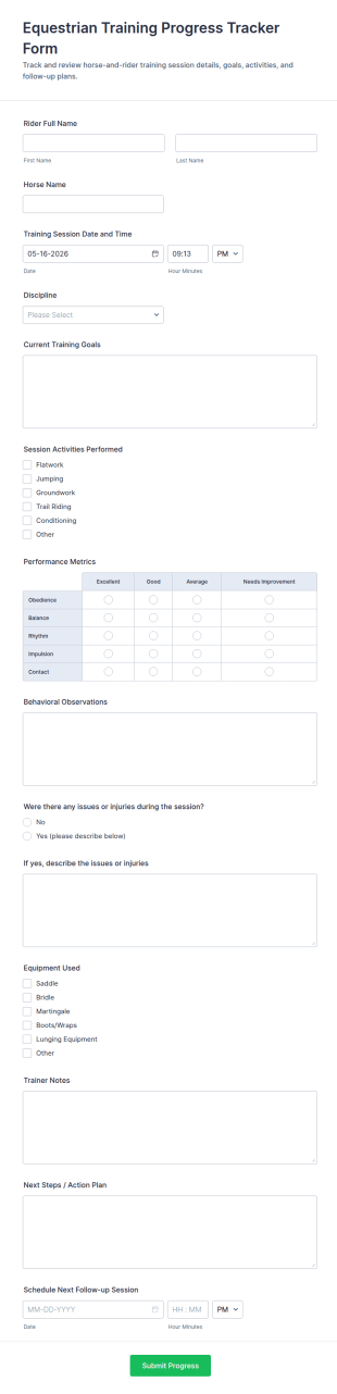 Equestrian Training Progress Tracker Form Template