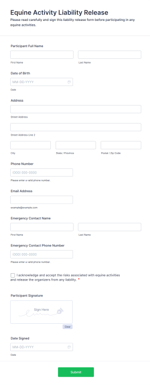 Equine Activity Liability Release Form Template