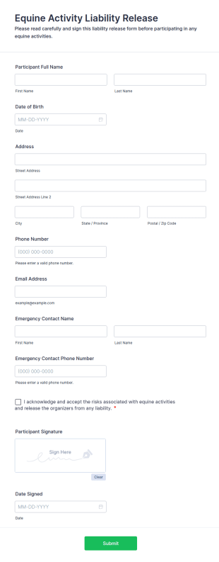 Equine Activity Liability Release Form Template