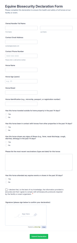 Equine Biosecurity Declaration Form Template