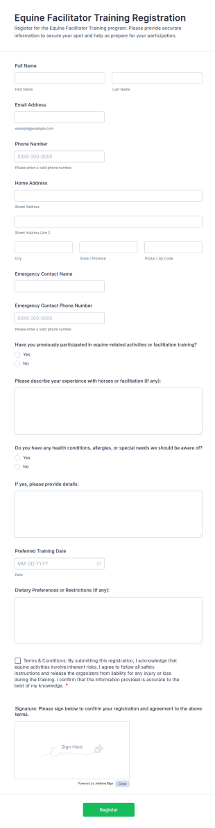 Equine Facilitator Training Registration Form Template